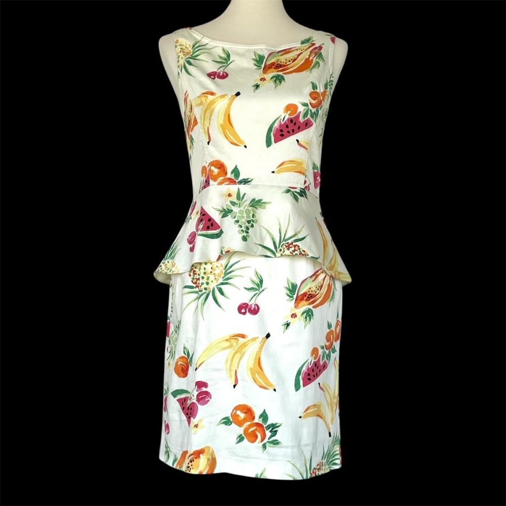 Betsey Johnson Tropical Fruit Print Bodycon Peplum Dress Sz 2 Heart Cut Out Back